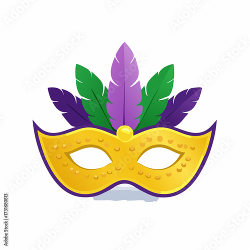 Vibrant golden masquerade mask with purple and green feathers for a Mardi Gras carnival celebration