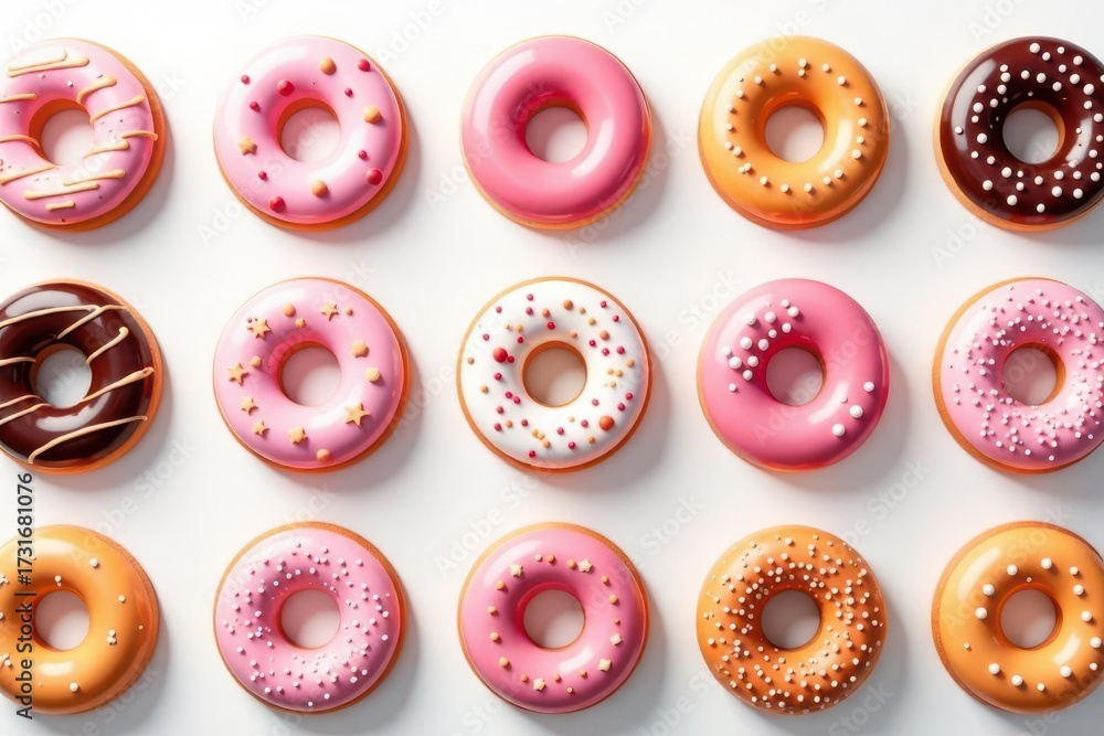 Fototapeta premium A delightful arrangement of twelve assorted donuts, each showcasing unique and vibrant icing designs, presented against a clean white backdrop.