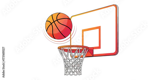 Basketball soaring towards hoop, artistic vector illustration of sport