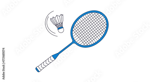 Blue Badminton Racket with Shuttlecock on White Background Illustration