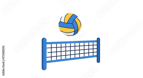 Cartoon volleyball above a blue net ready for an exciting game