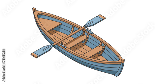 Classic wooden rowboat illustration with oars, isolated on white background