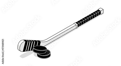Dynamic Monochrome Depiction of a Hockey Stick with two Pucks on White Backdrop