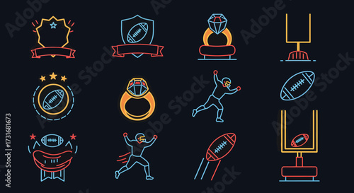 Celebrate the Touchdown with This Stunning Football Icon Set, Ideal for Game Day Promotions and Dynamic Sports Designs with Rings, Players, Footballs, and Goals