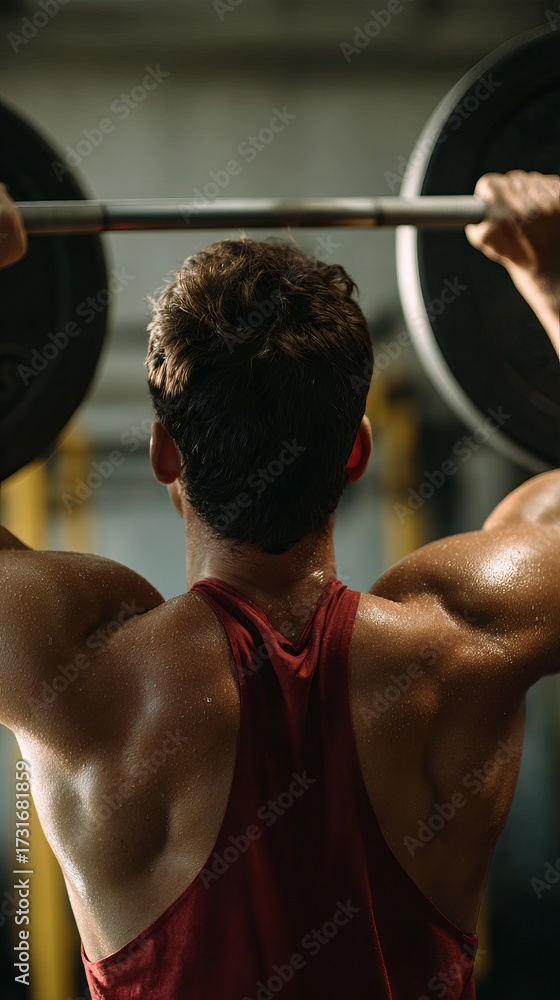 Naklejka premium Man lifting barbell overhead in gym (13)