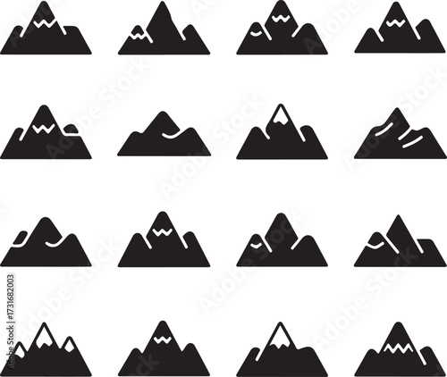 Mountain Icon Collection: A set of stylized mountain icons. The set showcases a range of mountain silhouettes. These icons are simple yet elegant, and suitable for use in various design projects.