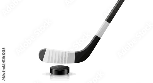 Ice hockey equipment illustration, stick and puck on reflective surface