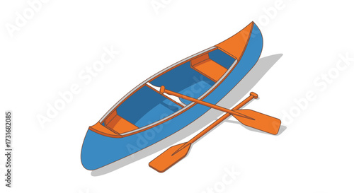 Illustration of a blue and orange canoe with paddles on white background