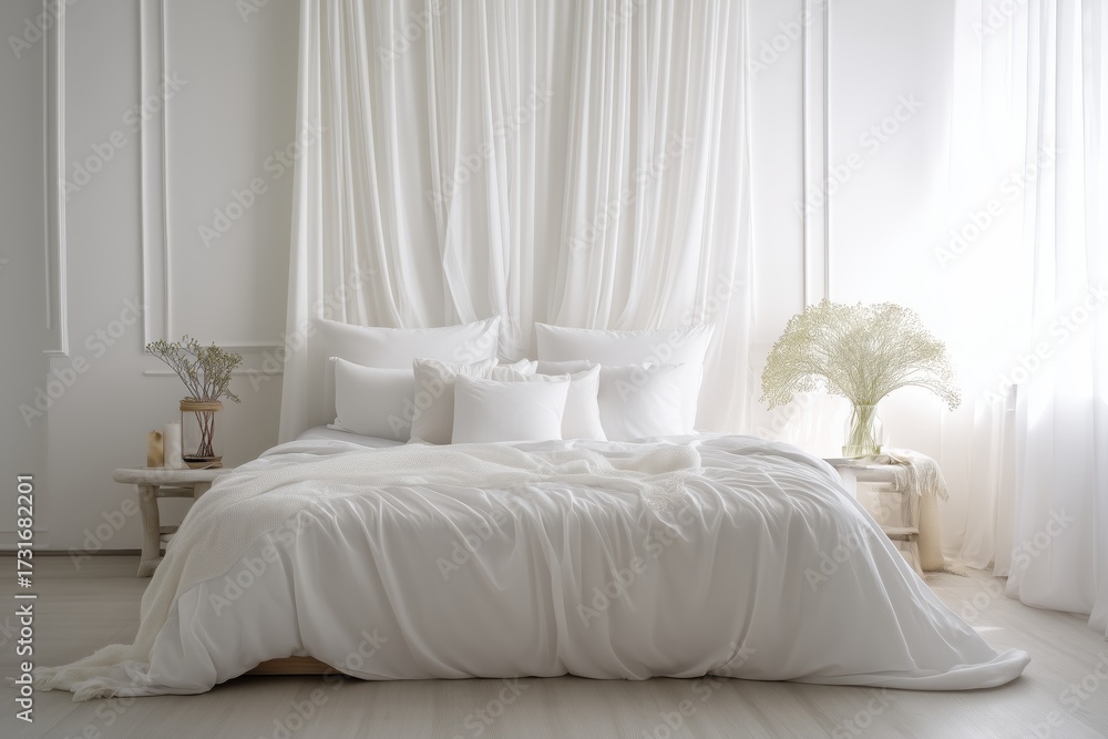 Fototapeta premium A tranquil and minimalist bedroom design featuring simple lines and a peaceful ambiance