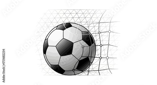 Illustration of a soccer ball hitting a net, minimalist sports concept