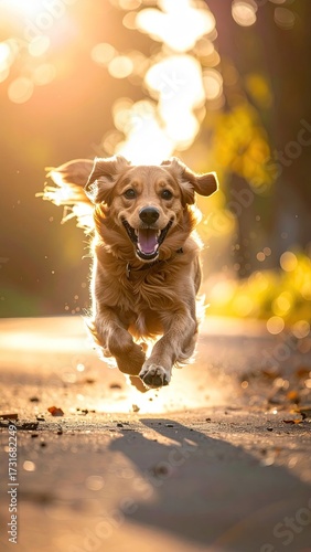 Golden Retriever Dog Running Joyfully on Sunny Path with Trees and Bright Light Effects Portrait