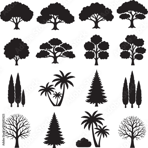Silhouette Trees Collection: An array of stylized, black silhouette trees, embodying the essence of nature. This graphic resource encapsulates arboreal forms, including diverse species.