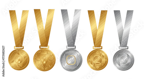 Illustrative set displaying gold silver and bronze medals for competition award
