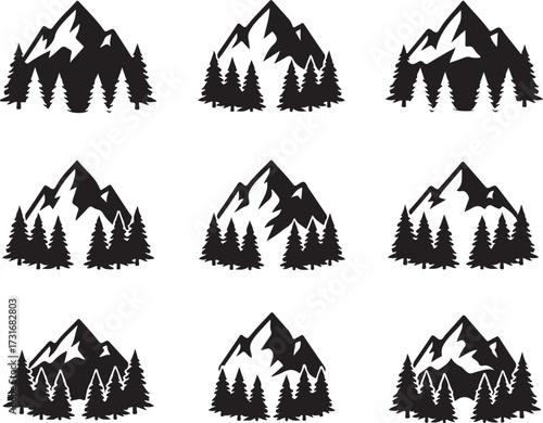 Mountainous silhouettes in monochrome: A compilation of minimalist vector designs depicting mountain ranges with evergreen trees.