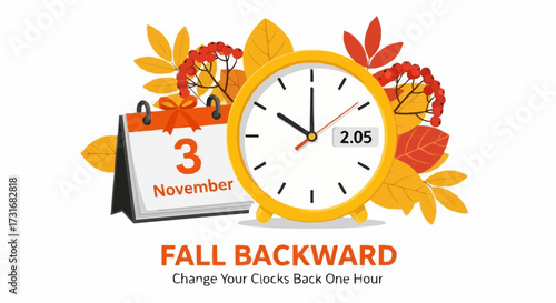 Fall Backward with Clock and Calendar Illustration Time Change Reminder and Autumn Theme