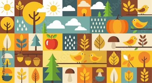 Autumnal Collage A Whimsical Mosaic of Fall Harvest, Trees, and Nature's Beauty