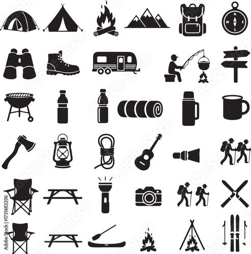 Camping and outdoor recreation icons: A collection of crisp, well-defined camping-themed vector icons. Representing essentials for outdoor adventures and leisure activities.