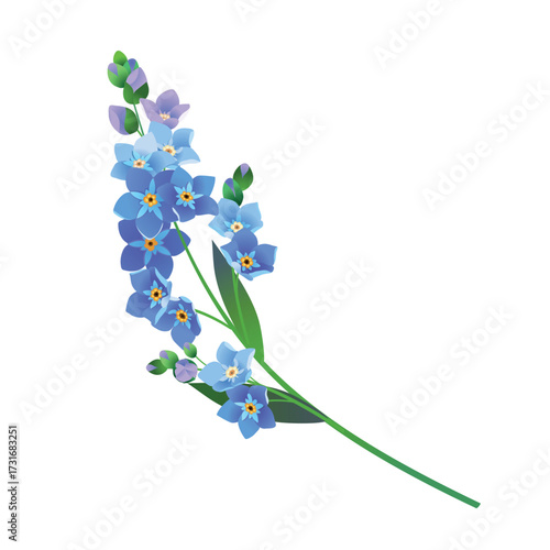 Vintage vector floral element. A branch of blooming forget-me-nots. Spring flowers with blue petals. Clipart for wedding designs, Mother's Day, and Valentine's Day greeting cards.