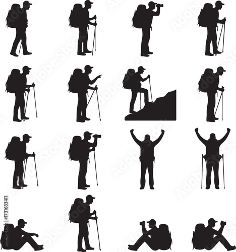 Hiker Silhouette Collection: A compilation of silhouetted figures engaged in various hiking activities, portraying diverse poses, equipment use, and landscape interactions.