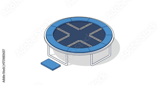Isometric illustration of a blue trampoline with safety pad and ladder