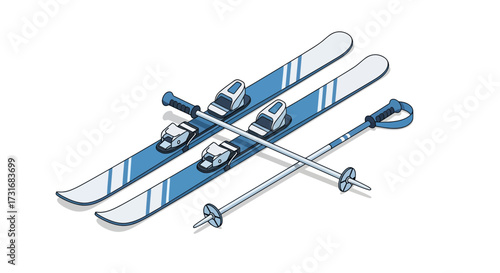 Isometric illustration of blue skis and poles for winter activities