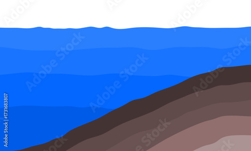 Flat lakeside cross section. Soil and water