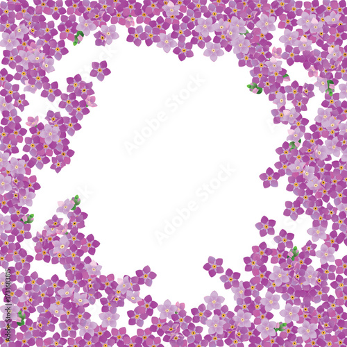 Vector decorative frame made of forget-me-nots. A composition of spring pink flowers for romantic banner design, wedding invitations. Vintage style.