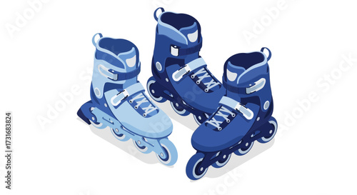 Isometric illustration showcases a trio of colorful roller skates gear
