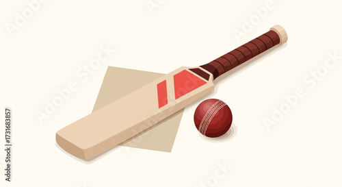 Isometric illustration showcasing a cricket bat and ball on light background