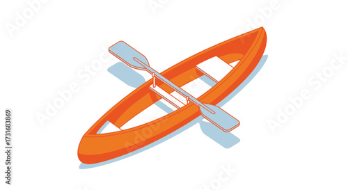 Isometric orange canoe and paddle, boating, adventure and outdoor concept