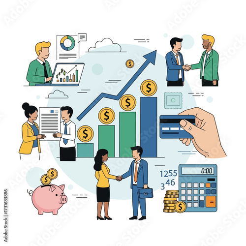 Business growth and financial success illustrated with people, charts, money, and a credit card.