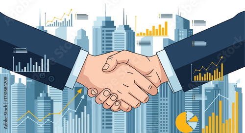 Handshake in front of a cityscape with financial charts, symbolizing business agreement.
