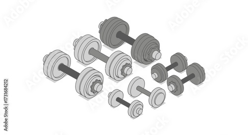 Isometric view of weights equipment arranged by size for exercise training
