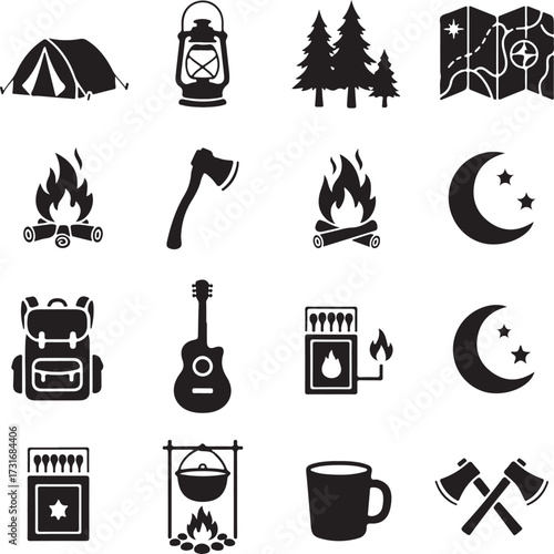 Camping Silhouettes Collection: An assorted collection of intricately designed camping-themed silhouettes, perfect for outdoor recreation, leisure, and travel.