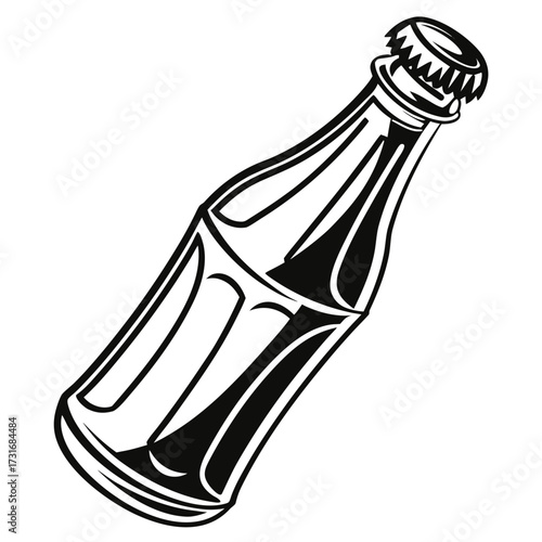 Black and white illustration of a glass soda bottle with a cap