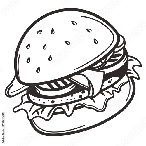 Burger illustration with fresh vegetables and a savory patty