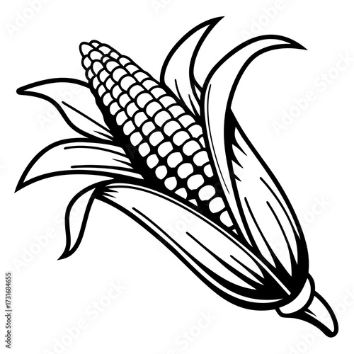 Black and white line drawing of a fresh corn cob, with leaves