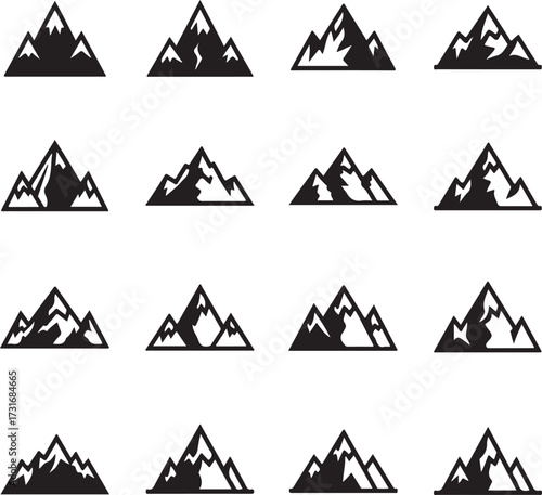 Mountain Icons: A collection of intricately designed mountain icons, perfect for conveying a sense of adventure, exploration, and the grandeur of nature, each with a unique silhouette.