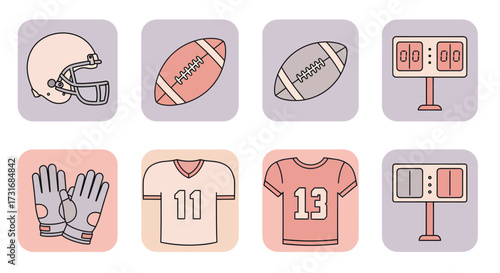 Gear up for game day with this awesome football equipment set featuring jerseys, helmet, ball, gloves and scoreboard, perfect for sports themed designs