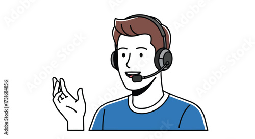 A cheerful customer service representative providing support with a friendly demeanor and professional headset in a minimalist outline illustration