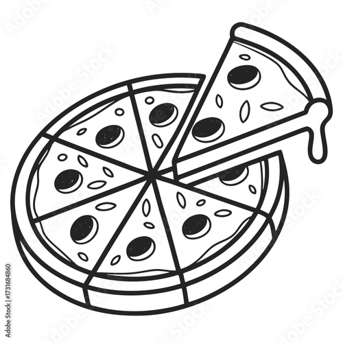 Black and white illustration of a sliced pizza, perfect for culinary projects