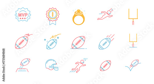 Vibrant American football icons showcase dynamic game action and MVP status, perfect for sports-themed designs and event promotions featuring high-energy athleticism
