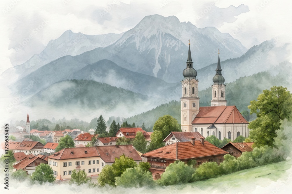 Fototapeta premium Watercolor painting of a European village nestled in misty mountains