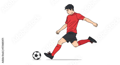 A dynamic cartoon illustration of a soccer player in action preparing to kick a soccer ball with focused energy during a match