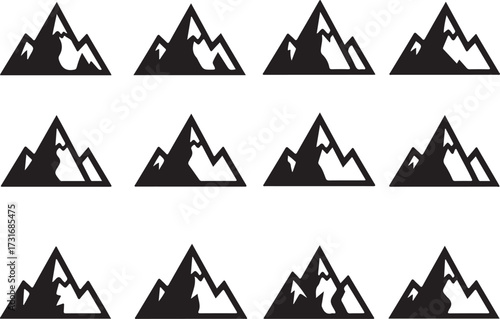 Mountain Icons: A collection of stylized black mountain icons, perfect for outdoor adventures, exploration, and natural elements, inviting viewers to embrace the spirit of adventure and nature