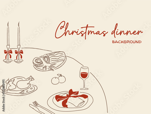 Whimsical doodle style New Year Eve or Christmas dinner party table with festive roast, wine, celebration decor. Hand drawn holiday feast template for invitation, menu, background, banner. Vector.