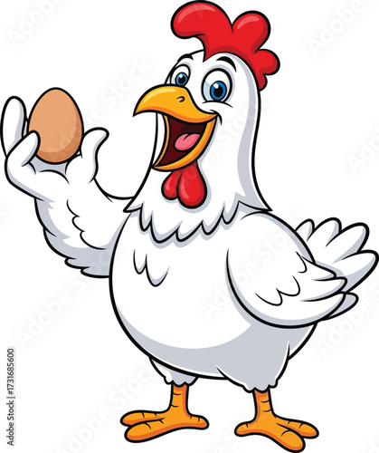 Happy cartoon chicken holding fresh egg fun farm animal concept vector
