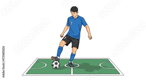 Illustration of a soccer player controlling the ball with his foot on a green field, showcasing athletic ability and precision skills on an isolated