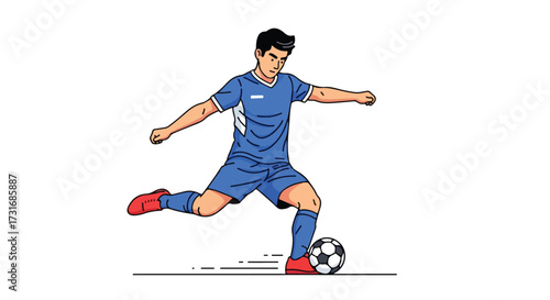 Dynamic soccer player illustration executing a powerful kick against a plain white backdrop with clear line art and vibrant colors