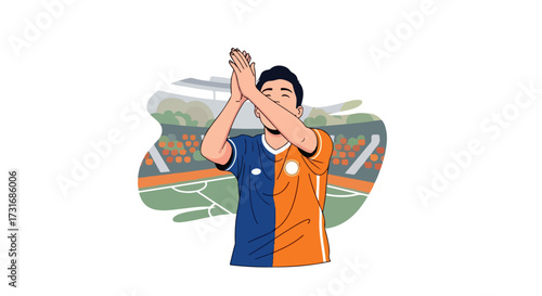 Excited soccer player claps, celebrating victory with energetic display at filled stadium, embracing the sport's spirit during champion event